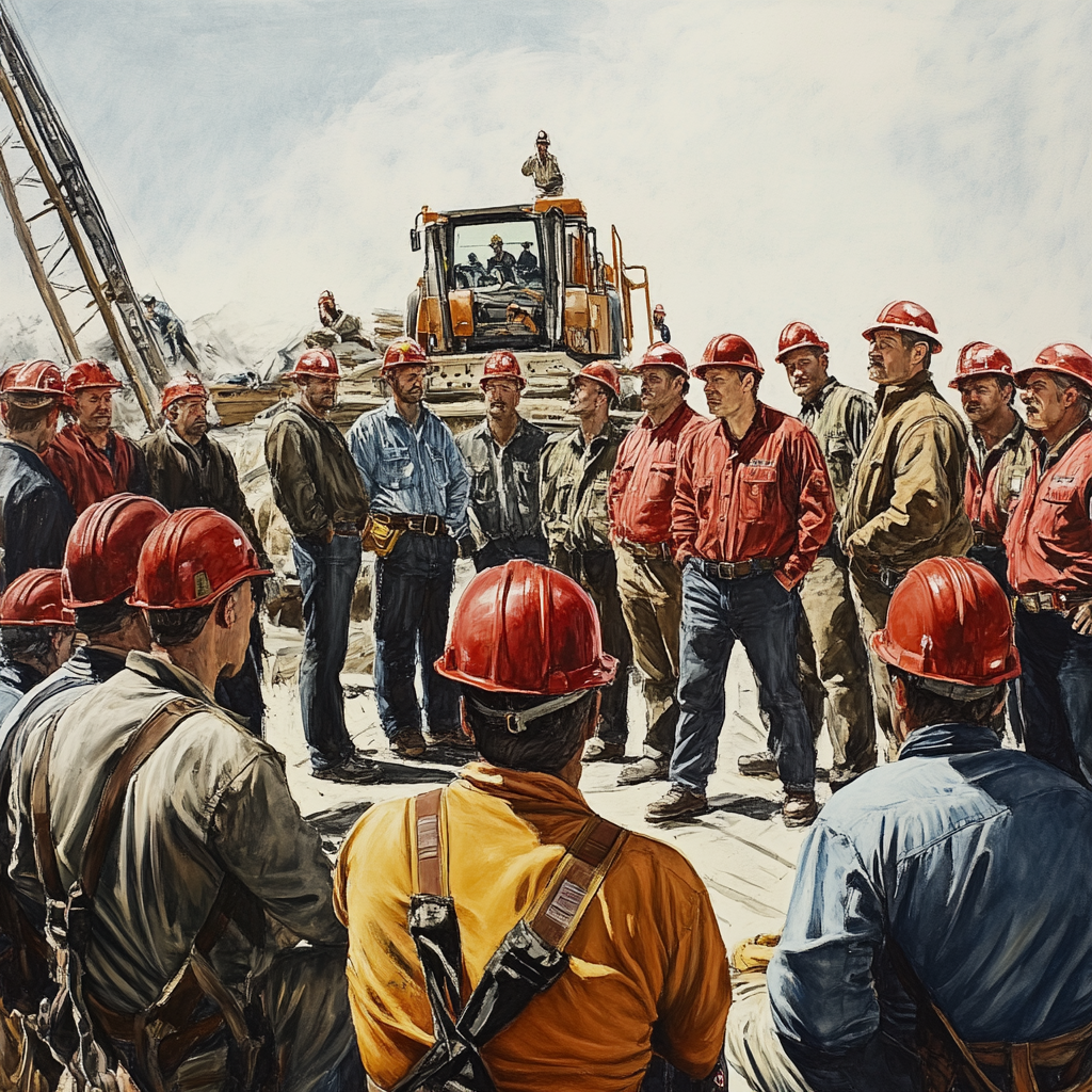 construction saftey meeting with contractors standing in a circle